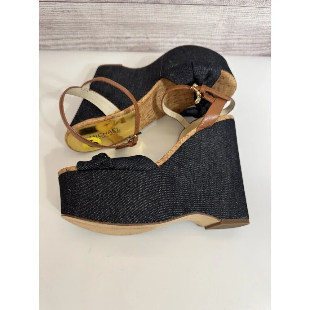 Michael Kors Denim Cork Wedge Sandals Size 9  Ankle Strap Espadrille Heels